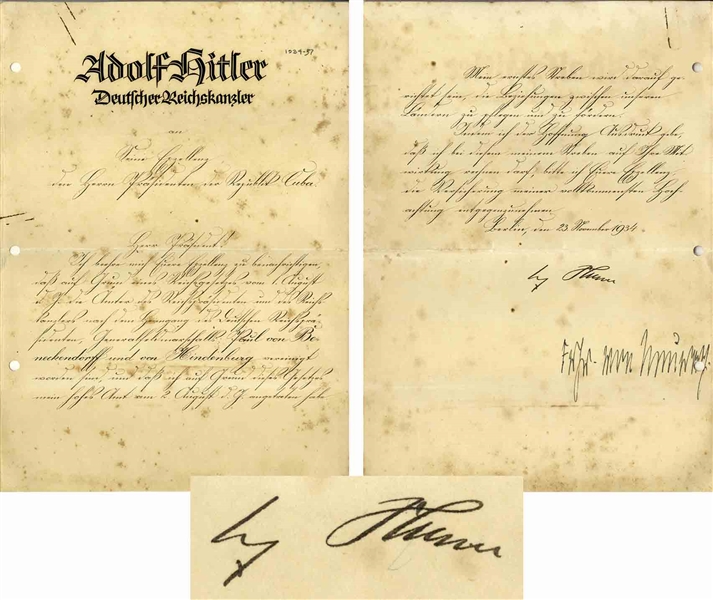 Adolf Hitler Document Signed From 1934, on Hitler's ''German Chancellor'' Letterhead -- With University Archives COA